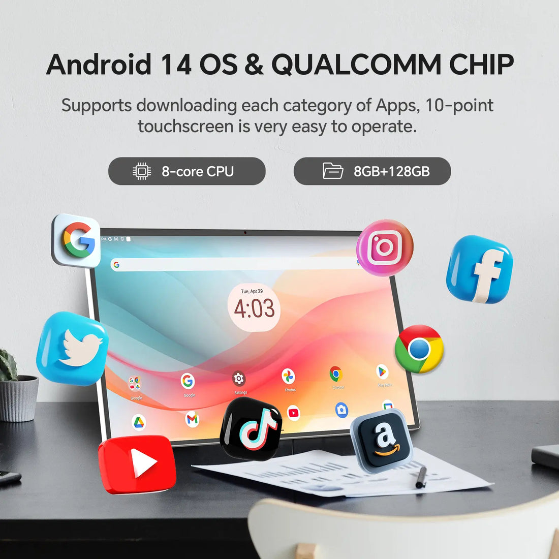 25" Portable Touchscreen Monitor – Android 14, 8GB+128GB, Built-in Battery, Wi-Fi